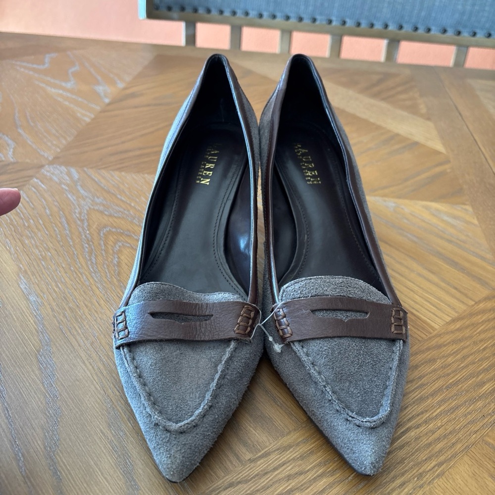 Lauren Ralph Lauren Pointed Suede Loafers in Gray and Brown Trim